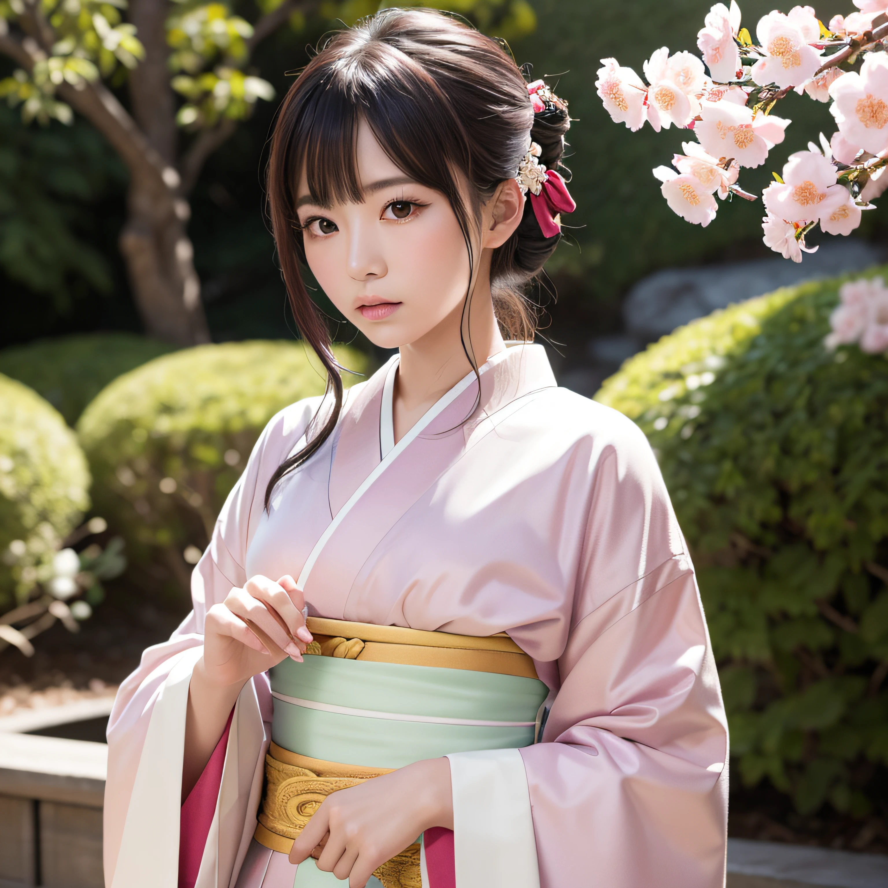 超現実的な, 非常に詳細な, 高解像度16Kの若者の画像, 美しい女性の幽霊または守護霊. 彼女は淡いピンクの髪と透明感のある肌をしている, 帯に小さな桜の模様が描かれた日本の伝統的な着物を着る. この画像は、霊界の幽玄な美しさと神秘性を捉えている. 繊細さにインスピレーションを得たスタイル, 日本の伝統芸能に見る柔らかな美学.