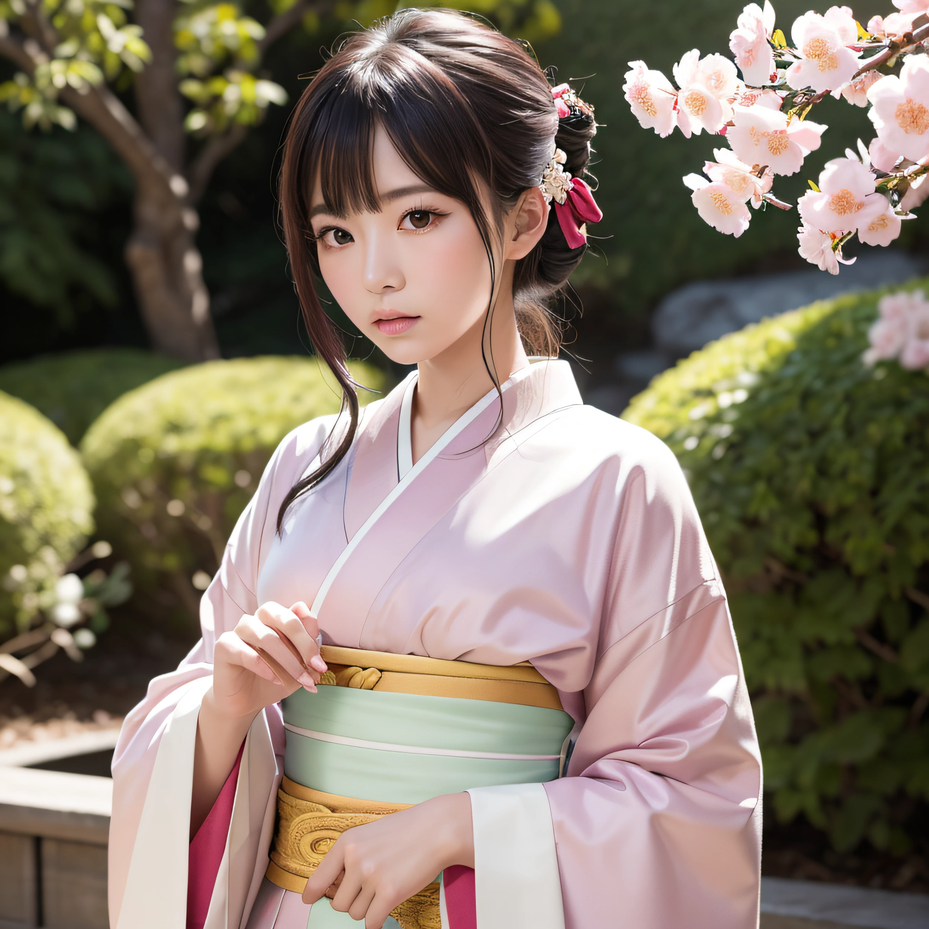 Un hyper réaliste, très détaillé, Image haute résolution 16K de la jeunesse, beau fantôme féminin ou esprit gardien. Elle a les cheveux rose pâle et la peau translucide, Porter un kimono traditionnel avec le Japon avec un petit motif de fleurs de cerisier sur l&#39;obi. Cette image est、Il capture la beauté éthérée et la mystique du monde des esprits.. Le style s&#39;inspire de la délicatesse, Esthétique douce trouvée dans les arts du spectacle traditionnels japonais.