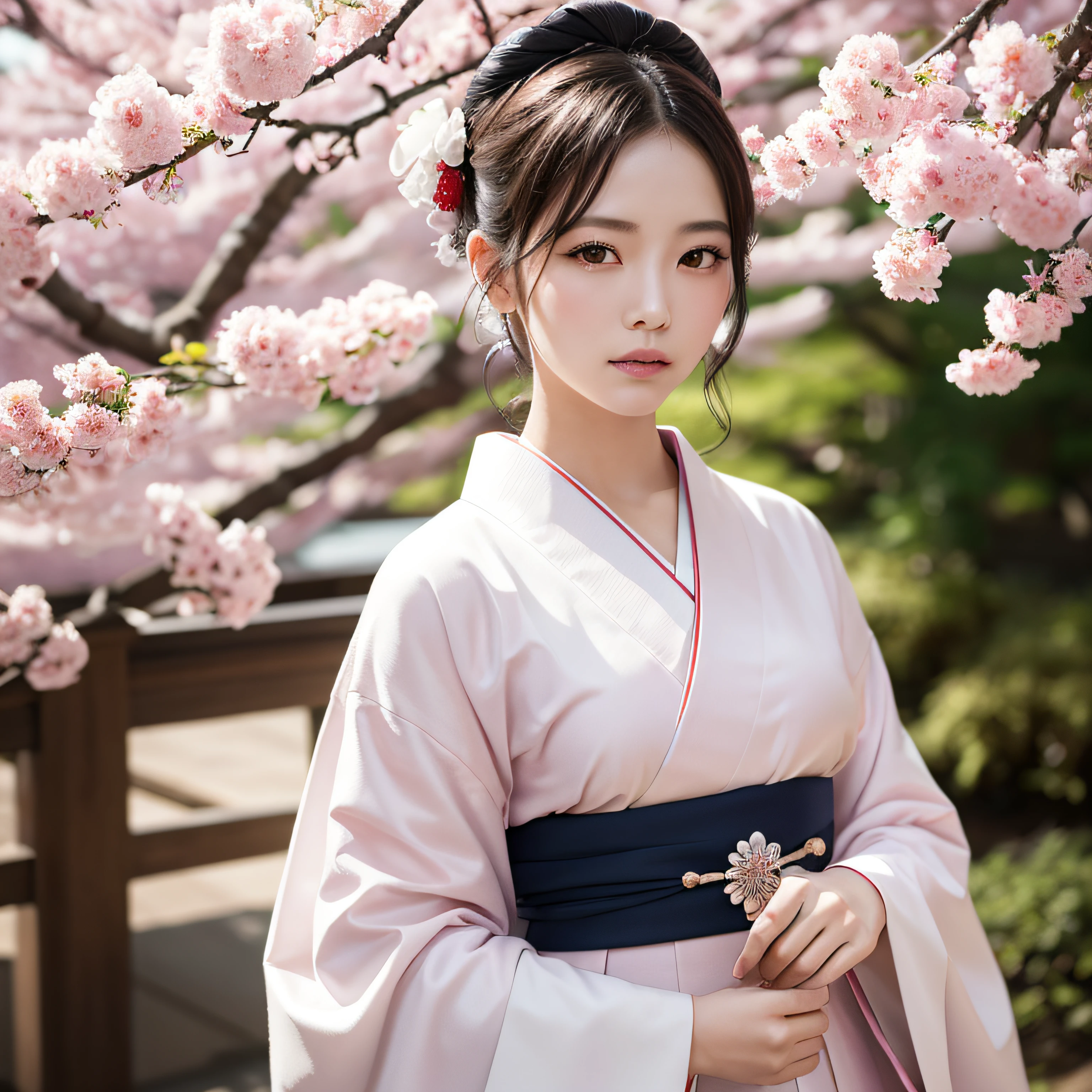 A hyper-realistic, Highly detailed, High resolution 16K image of youth, Beautiful female ghost or guardian spirit. She has pale pink hair and translucent skin, Wearing a traditional kimono with Japan with a small cherry blossom design on the obi. This image is、It captures the ethereal beauty and mystique of the spirit world. The style is inspired by delicacy, Soft aesthetics found in Japan traditional performing arts.