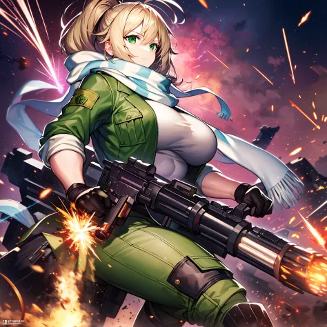 ​masterpiece++、top-quality++、ultra-definition++、ultra-definition++、4k++、8k++、from side、（Background Focus）++、（（（1）））+++、Sexily dressed woman wearing green jacket and white scarf with ammunition belt and Gatling gun on battlefield with explosions and sparks ...