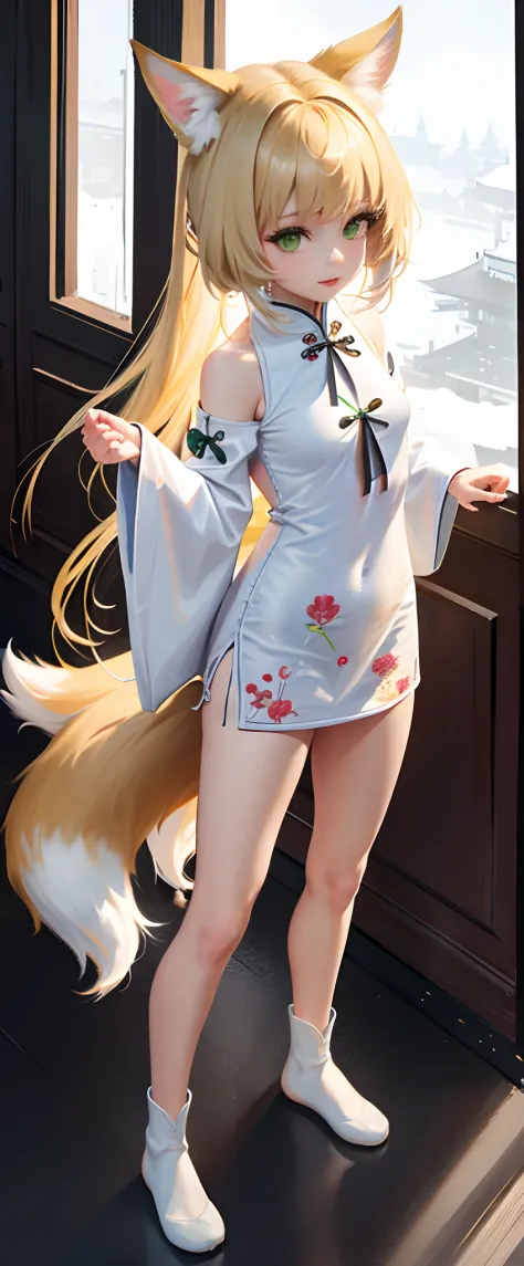 1girll，full bodyesbian, standing, Animal ears, sanimal ear fluff, Blonde hair, Green eyes, Small lively breasts，Raised sexy，Shor...