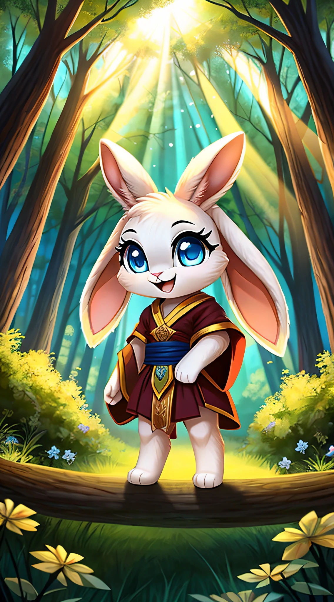 zoomed out image, fantasy style art, cute, adorable, short character, small, tiny little fluffy female white bunny with blue eyes, large poofy rabbit tail, big floppy ears, long ears, ears perked up, raised ears, long eyelashes, wearing fancy red robes, smiling, standing in a forest, big expressive smile, open mouth, wide eyes, excited eyes, excited face, stunning visuals, sunrays through the trees, digital illustration