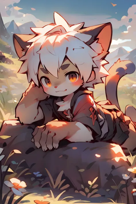 A little boy in a beautiful and enchanting landscape，Lying in a wheat field, trending on artstation pixiv, Guviz-style artwork, Very handsome， Guviz, Guweiz on ArtStation Pixiv, Young male human cat，red scales，White hair，Full body photo，bird's eyes view，Ly...