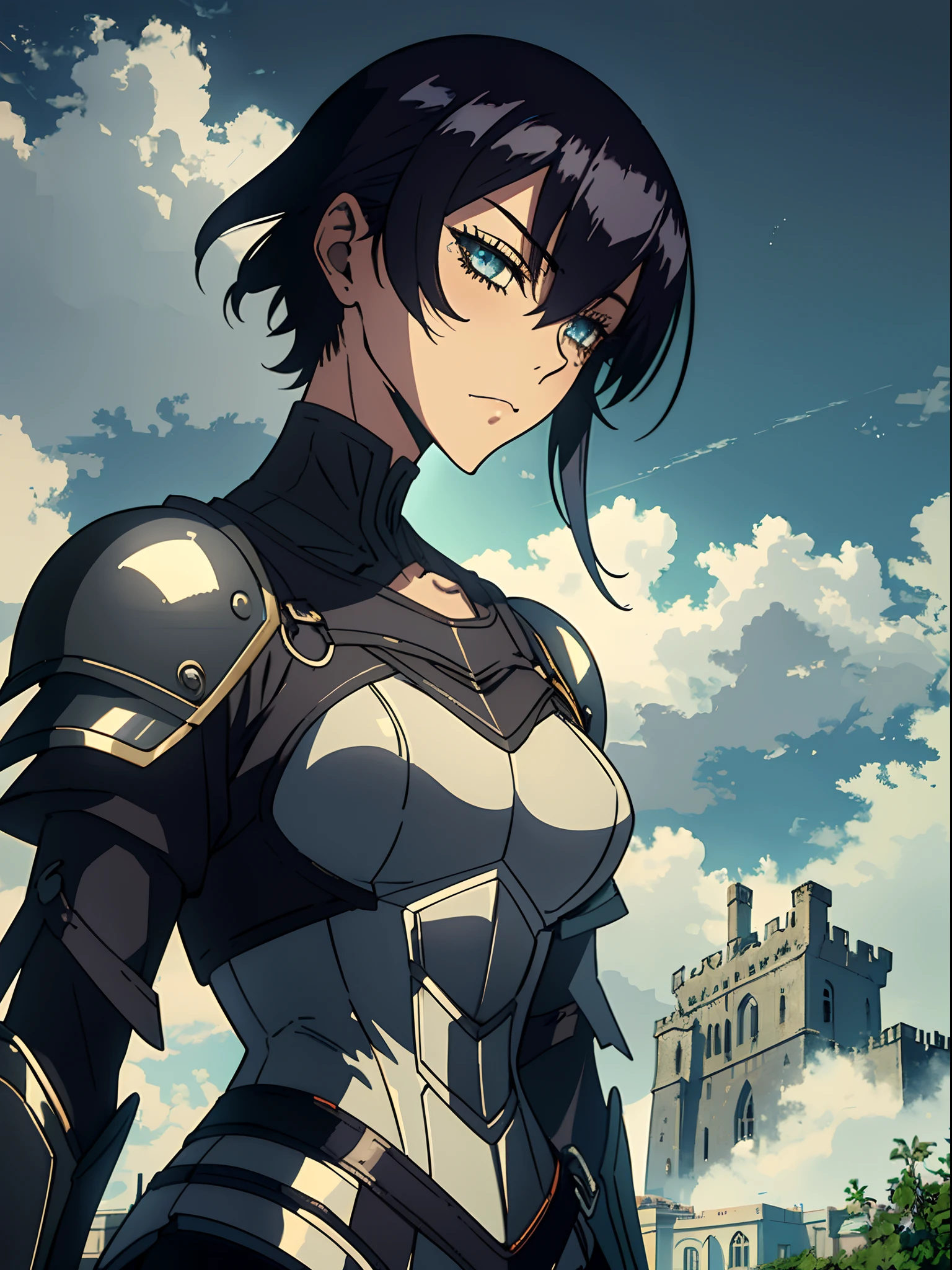 gloomy goth emo female knight, depressed, cloudy foggy misty setting, vast desolate field, castle in far distance, black eyeliner, black eyeshadow, tomboy, short hair, hair between eyes, side-locks, medieval intricate elaborate knight armor, narrow waist, wide hips, overcast