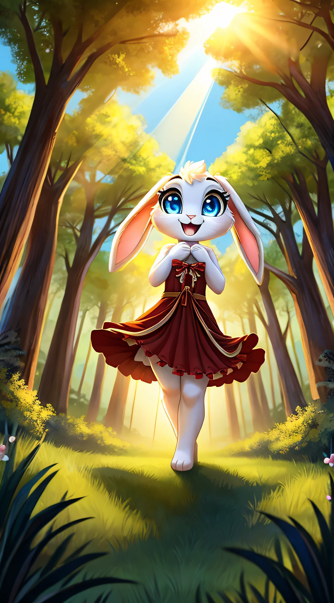 zoomed out image, fantasy style art, cute, adorable, short character, small, tiny little fluffy female white bunny with blue eyes, large poofy rabbit tail, big floppy ears, long ears, ears perked up, raised ears, long eyelashes, wearing a red frilly ribbon dress, smiling, standing in a forest, big expressive smile, open mouth, wide eyes, excited eyes, excited face, stunning visuals, sunrays through the trees, digital illustration