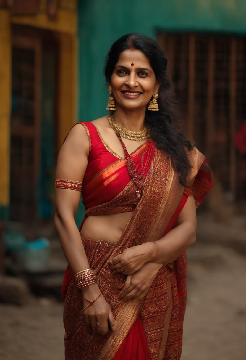 (Full body portrait:1.2),(((Sharpen))), market, RAW, 8k, hard light, realistic skin texture, (((photorealism)), closeup, there is a woman, she is fifty years old, looking like indian aunty, she is very beautiful, smiling face, westren outfit