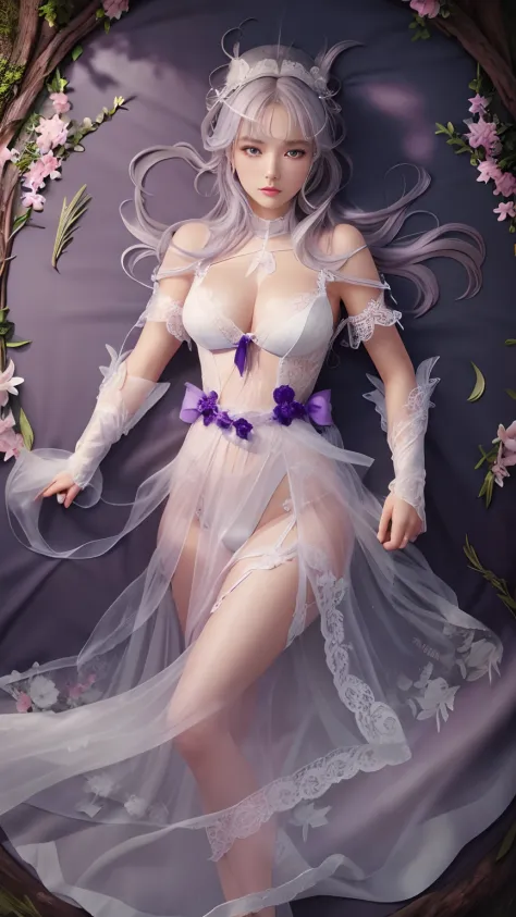 Masterpiece, Best quality, 1girll,  Silver hair, Purple eyes, Long hair,one-girl，grassy，The tree，tree branch，（realistic detail，Natural skin texture），Complicated details，The is very detailed，Ultra photo realsisim，shiny skins，shinny hair，looking at viewert，r...