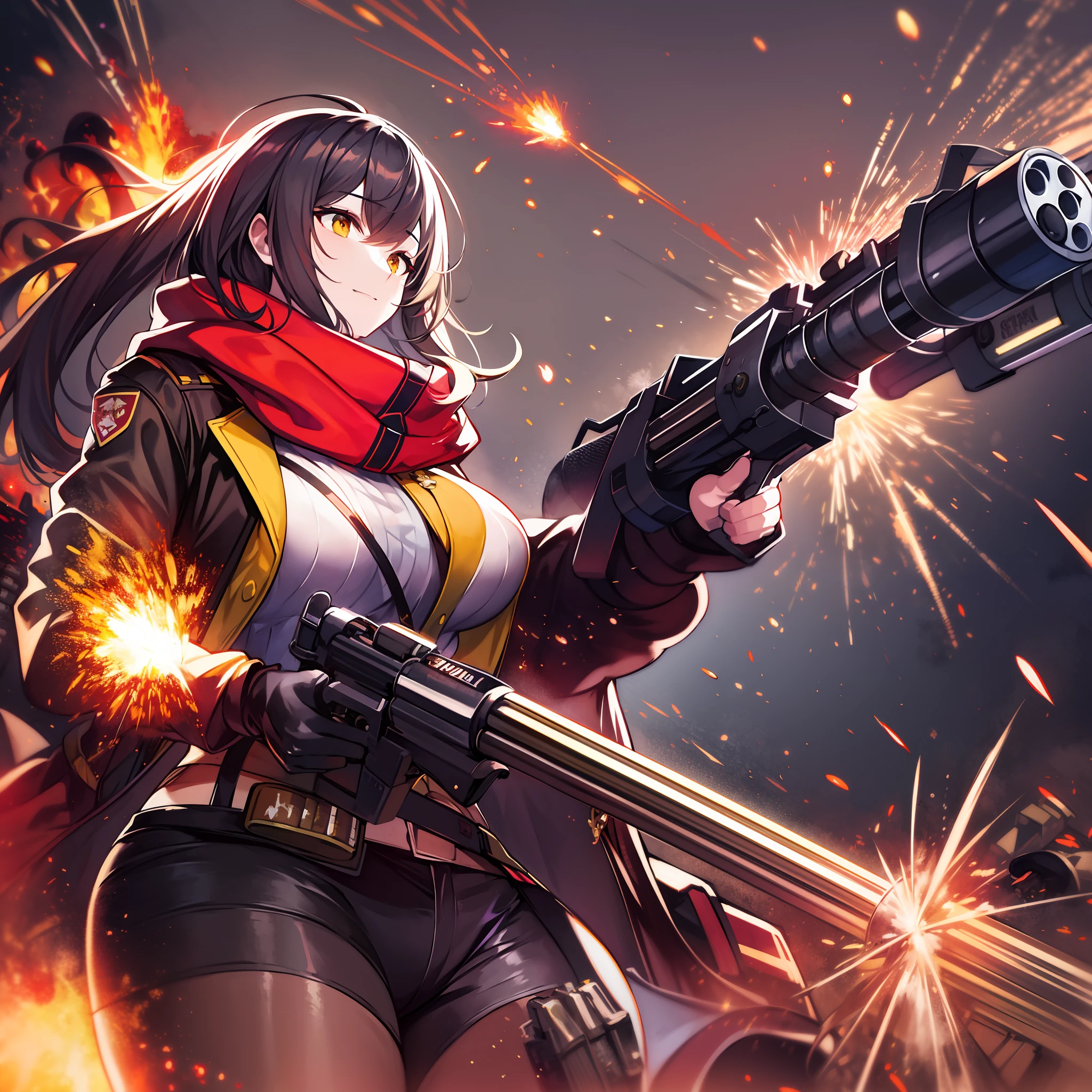 Outrageous resolution、​masterpiece++、top-quality++、ultra-definition++、ultra-definition++、4k++、8k++、from side、（Background Focus）++、（（（1）））+++、Sexy dressed woman wearing red jacket and yellow scarf holding ammunition belt and Gatling gun on battlefield with explosions and sparks that destroy cities１Cast a man's muscular big breasts military spell、Wearing a red jacket and yellow muffler with an ammunition belt and Gatling gun on a battlefield with explosions and sparks１Man muscular big breasts soldier rune、Wearing a red jacket and yellow muffler with an ammunition belt and Gatling gun on a battlefield with explosions and sparks１The magic of a muscular big breasts soldier、Wearing a red jacket and yellow scarf with an ammunition belt and Gatling gun on a battlefield with explosions and sparks flying above１Muscular big breasts soldier、Wearing a red jacket and yellow muffler with an ammunition belt and Gatling gun on a battlefield with explosions and sparks１Muscular Big Military Sorcerer、Wearing a red jacket and yellow muffler with an ammunition belt and Gatling gun on a battlefield with explosions and sparks１Muscular big breasts military goddess、detailed fantasy art、fantasy art style、Break wearing a red jacket and yellow scarf with ammunition belt and Gatling gun on a battlefield with beautiful ancient explosions and sparks１Muscular Colossal Soldier Witch、Wearing a red jacket and yellow muffler with an ammunition belt and Gatling gun on a battlefield with explosions and sparks１Man Muscular Big Military Colossal Queen、Fantasy Art Behans、Wearing a red jacket and yellow scarf with an ammunition belt and Gatling gun on a battlefield with beautiful explosions and sparks１Muscular Big Military Magician、Wearing a red jacket and yellow scarf with an ammunition belt and Gatling gun on a battlefield with beautiful explosions and sparks１Muscular Big Military Magician、Wearing a red jacket and yellow muffler with an ammunition belt and Gatling gun on a battlefield with shiny floating e