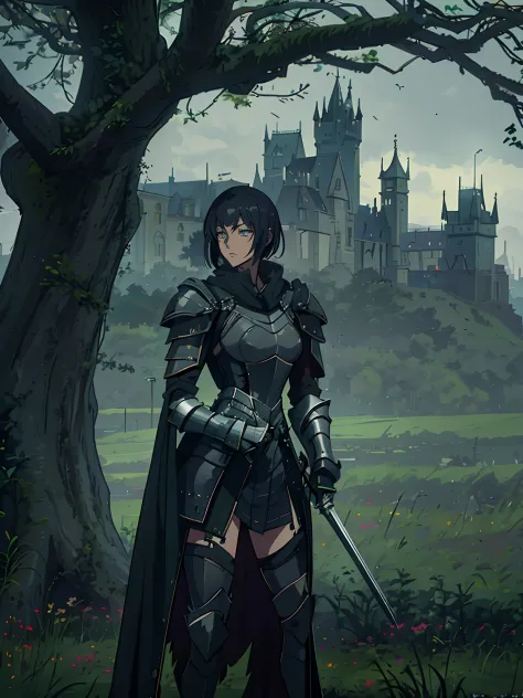 gloomy goth emo female knight, depressed, cloudy foggy misty setting, vast desolate field, castle in far distance, black eyeline...