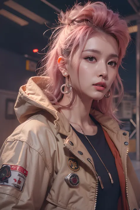 (Works of masters，high detal，超高分辨率，8K分辨率)，cyber punk perssonage，femele，solo person，ssmile，long whitr hair，Pink hair，curlies，ear studs，bangle，tee shirt，hoody，Firefighter jacket，Armored boots，Facing the viewer，springtime，setting sun，城市，Bus stop，Cinematic lig...