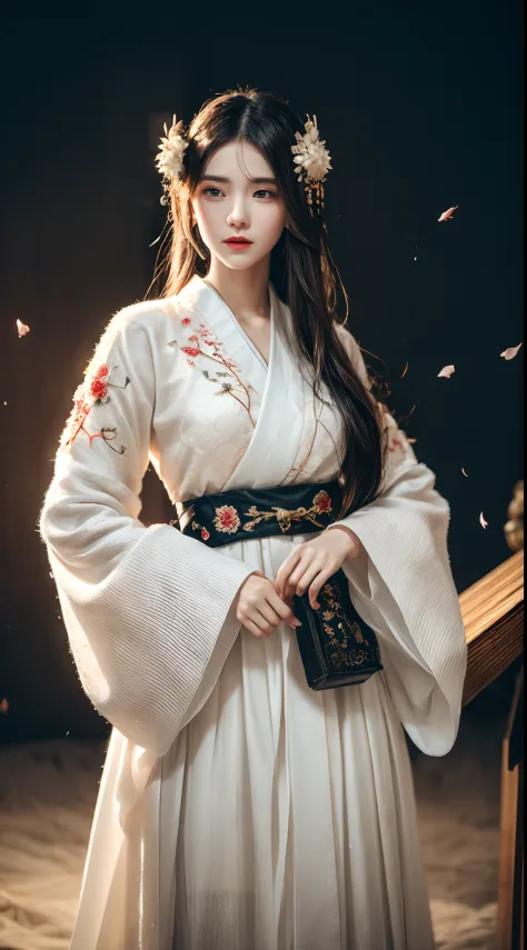 (Best quality,4K,A high resolution,Masterpiece:1.2),Ultra-detailed,Realistic, Black and white Hanfu,Black embroidery, Flowing wh...