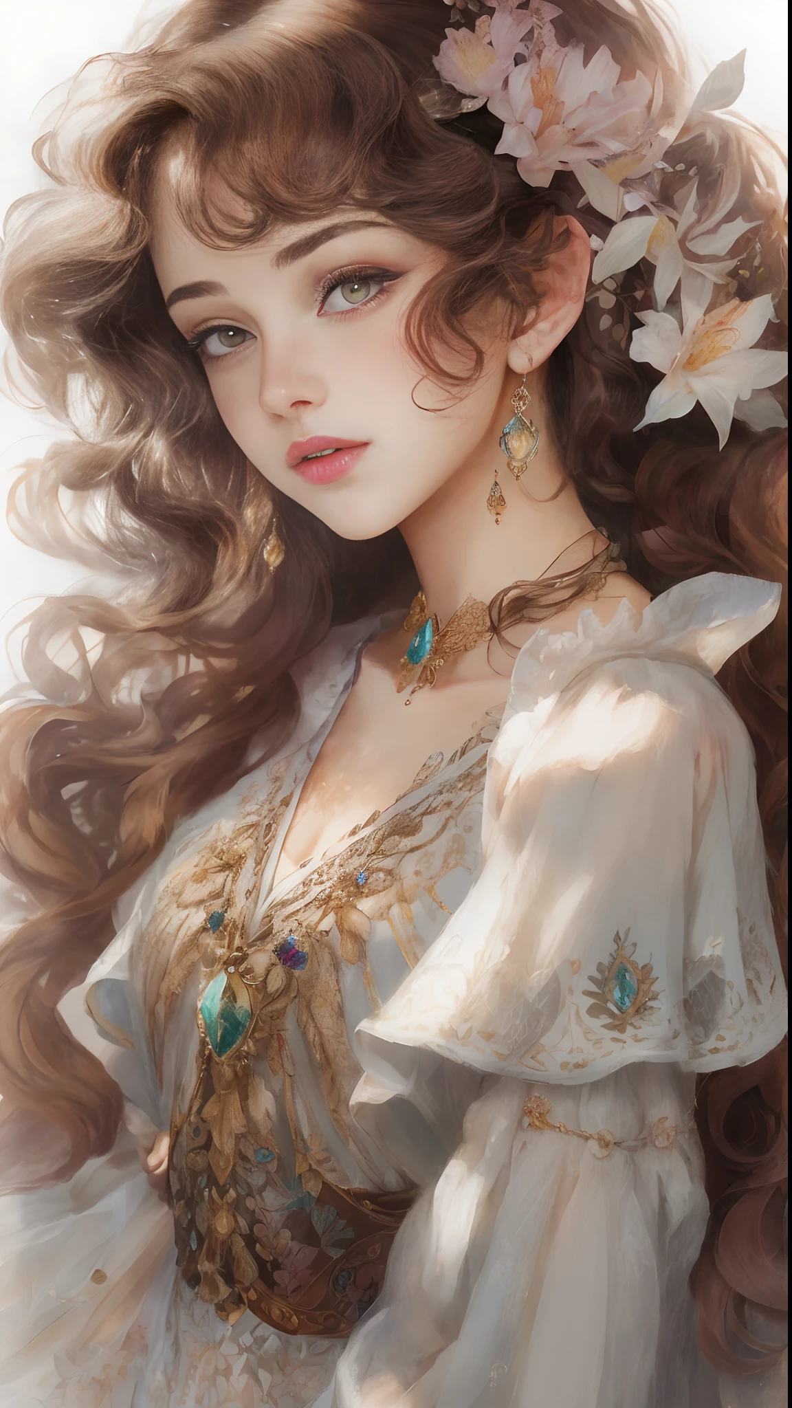 (Best quality, 4K, 8K, A high resolution, Masterpiece:1.2), Ultra-detailed, Realistic portrait of an 18 year old aristocratic girl, Exquisite facial features，Long brown curly hair details expressed, The posture is leisurely and natural，Graceful posture, Dreamy atmosphere, expressive brush strokes, mystical ambiance, Artistic interpretation,Delicately coiled hair，Floral jewelry with exquisite details, Crystal diamond jewelry，Small fresh aesthetics，Stunning intricate costumes, Fantasy illustration, Subtle colors and tones, mystical aura,The details have been upgraded