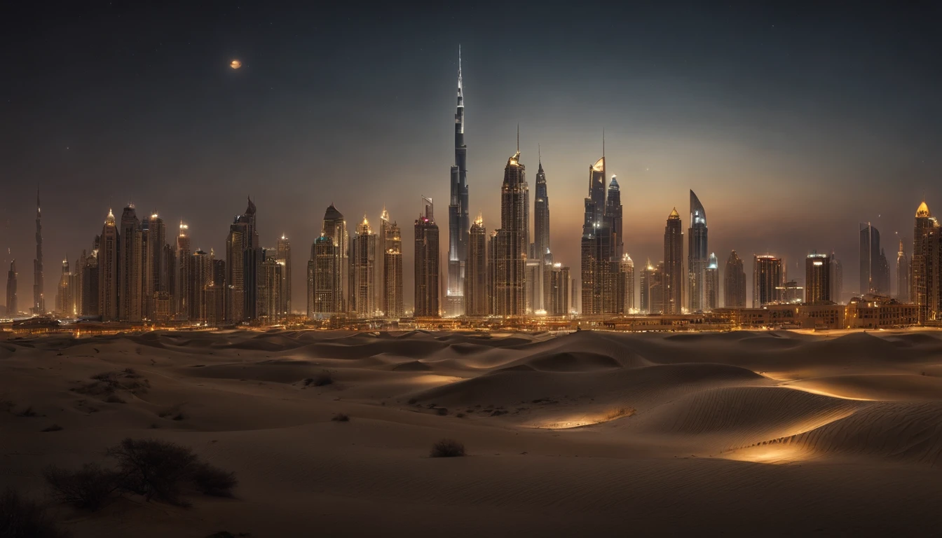 Dubai architectural style, Desert background, the night, starrysky, Grand, surrealism, Masterpiece, A high resolution, 16k, Super detail, ccurate, A high resolution, High details