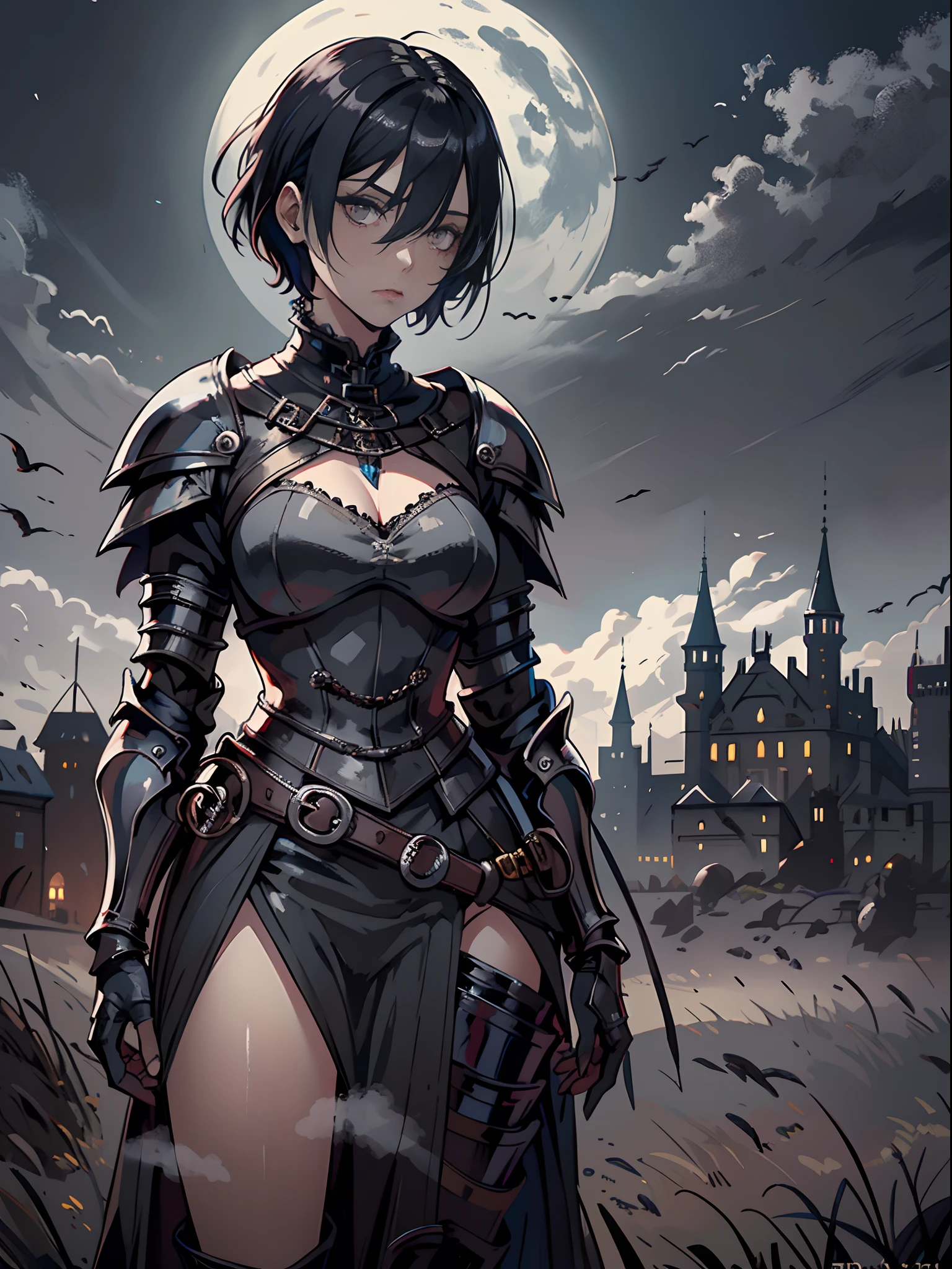 gloomy goth emo female knight, depressed, cloudy foggy misty setting, vast desolate field, castle in far distance, black eyeliner, black eyeshadow, tomboy, short hair, hair between eyes, side-locks, medieval intricate elaborate knight armor, narrow waist, wide hips, overcast