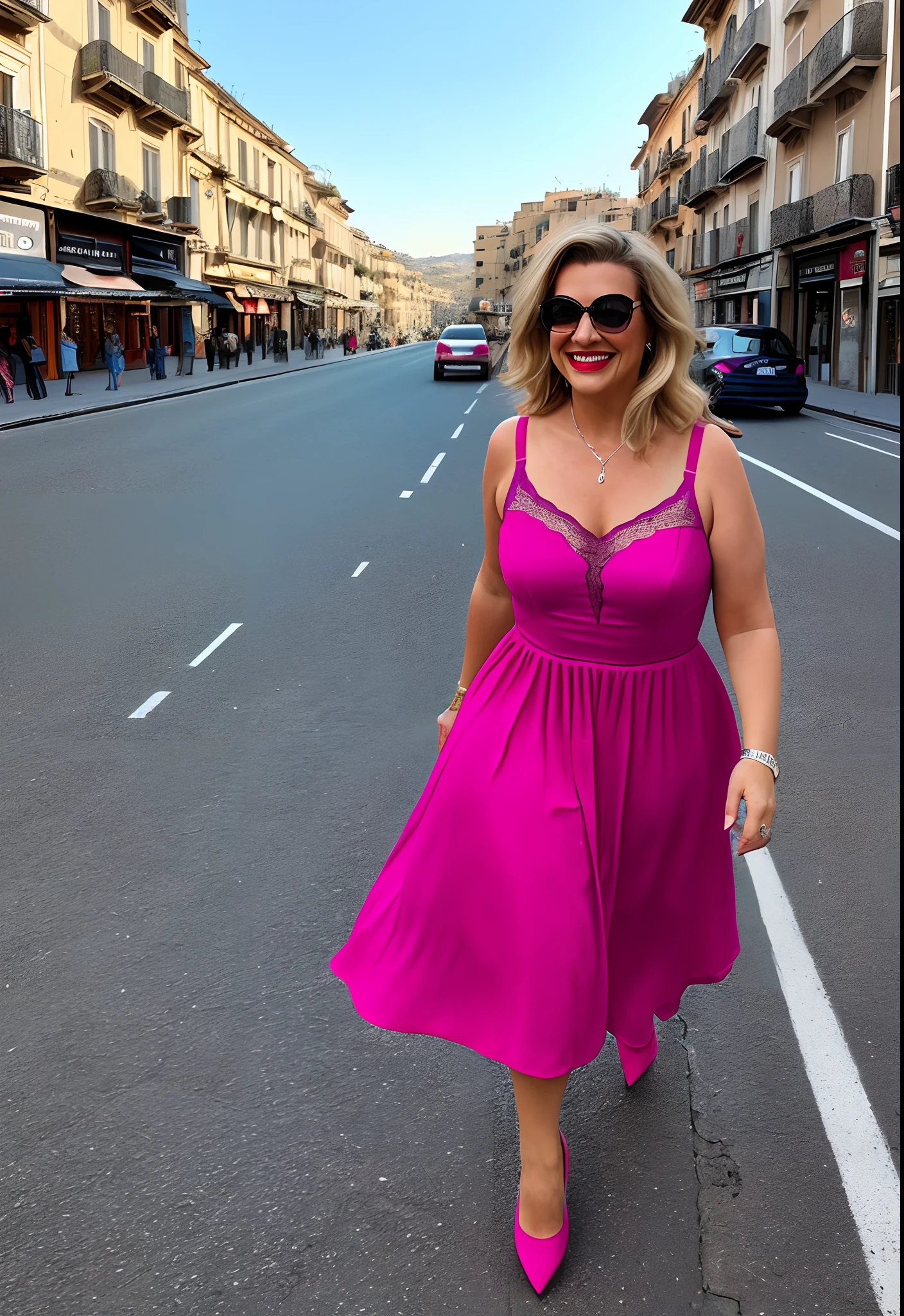 A woman in a pink dress and sunglasses walking down a street - SeaArt AI