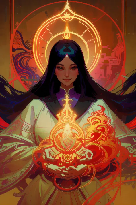 1 woman, priest , smile long hair , high contrast, holy light best quality, masterpiece, line art by Tom Bagshaw and Victo Ngai