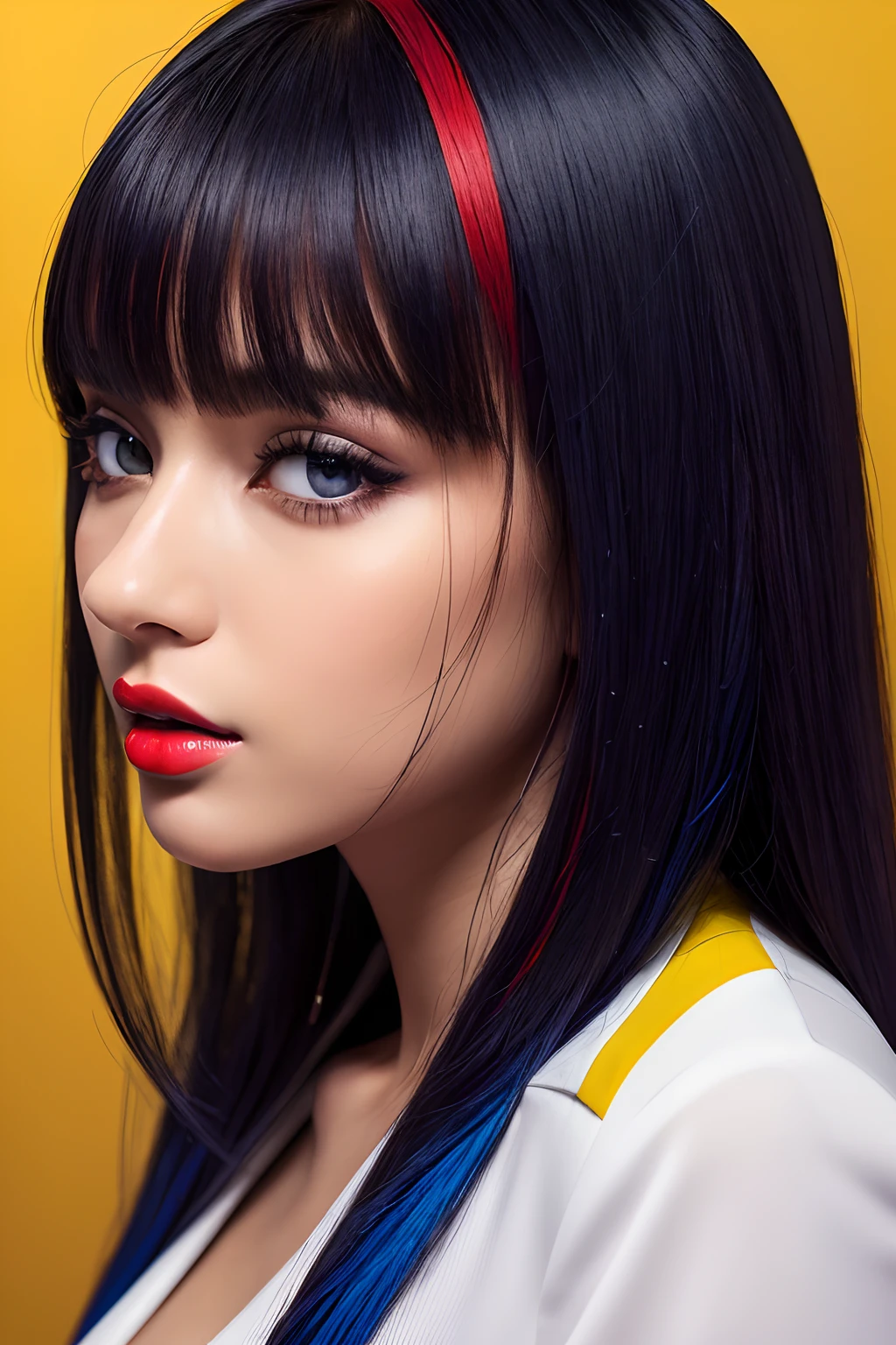 8K, Best Quality, 1girl, (Skindentation), night time, (Dark), Clear background in the room, (people), beautiful bangs, Gorgeous,, (Clothing and uniforms:1.3),soft-lighting, Attractive, Dark room, (mouth closed:1.2, Beautiful eyes, A detailed eye, detailed iris, Beautiful lips, beautiful nose, beatiful face),(Primary colors:1.5)