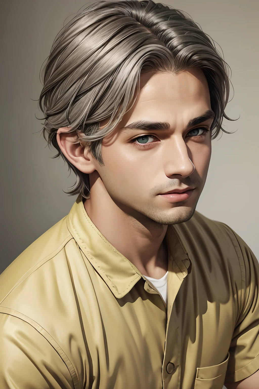 Portrait of a cute boy, 5-6 years, ashy gray hair, shingle, Large dark green eyes, plump bow lips, light yellow jumpsuit, Realism, watercolour, 4k, high detail