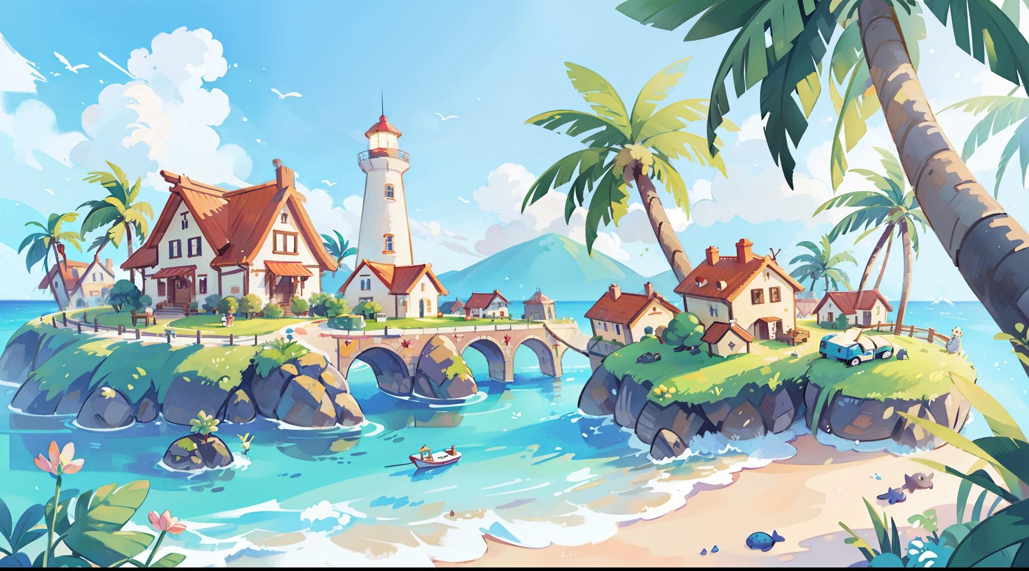 ((Bilderbuchillustration)), Ozean Fantasie, Aquarellillustration, wunderlich, warme Farben, Dorf, Palmen, Häuser, riesiger Leuchtturm, ((Meisterwerk)), sehr detaillierte Umgebung