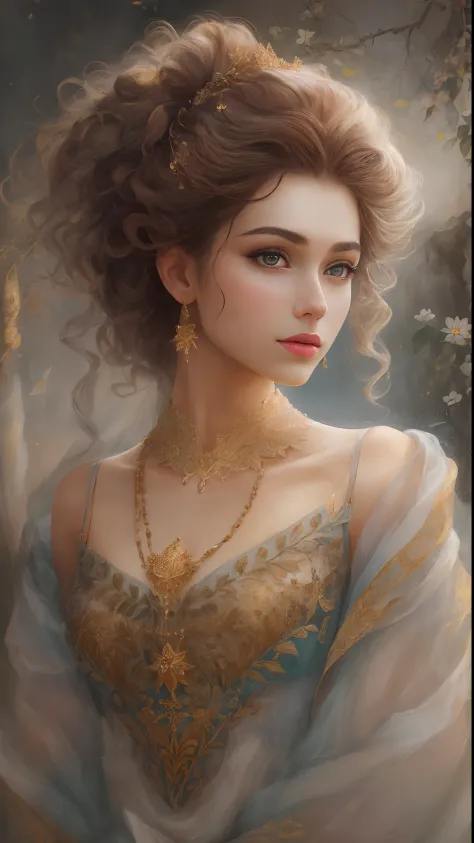 (Best quality, 4K, 8K, A high resolution, Masterpiece:1.2), Ultra-detailed, Realistic portrait of an 18 year old aristocratic girl, Exquisite facial features，Long brown curly hair details expressed, The posture is leisurely and natural，Graceful posture, Th...