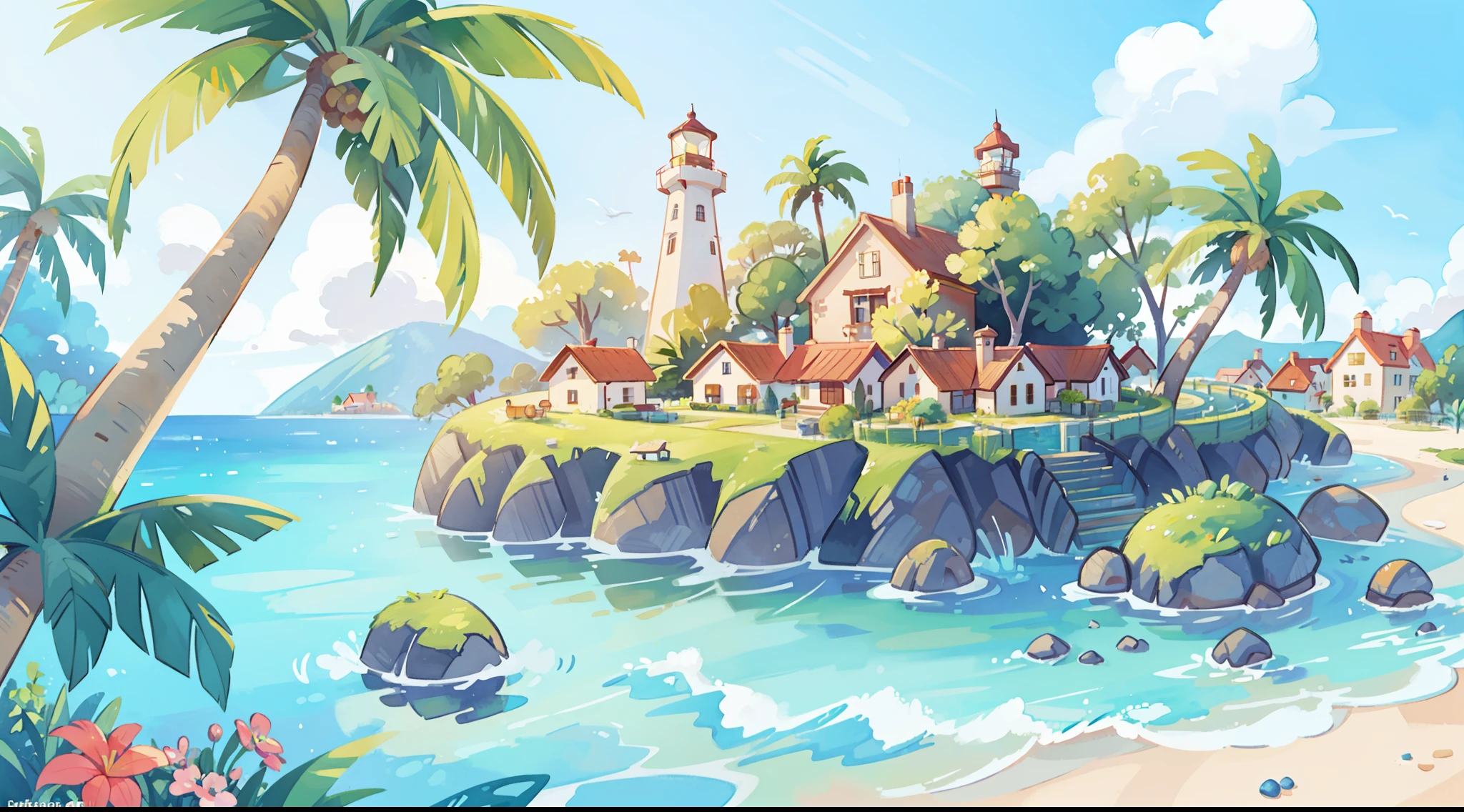 ((picture book illustration)), ocean fantasy, watercolor illustration, whimsical, warm colors, village, palm trees, houses, huge lighthouse, ((masterpiece)), highly detailed environment