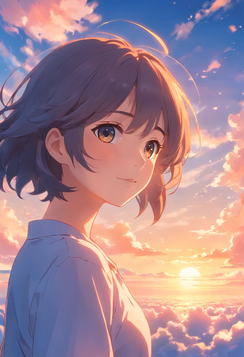 masterpiece, best quality, movie still, 1girl, cloud girl, floating in the sky, close-up, bright, happy, warm soft lighting, sunset, (sparks:0.7)