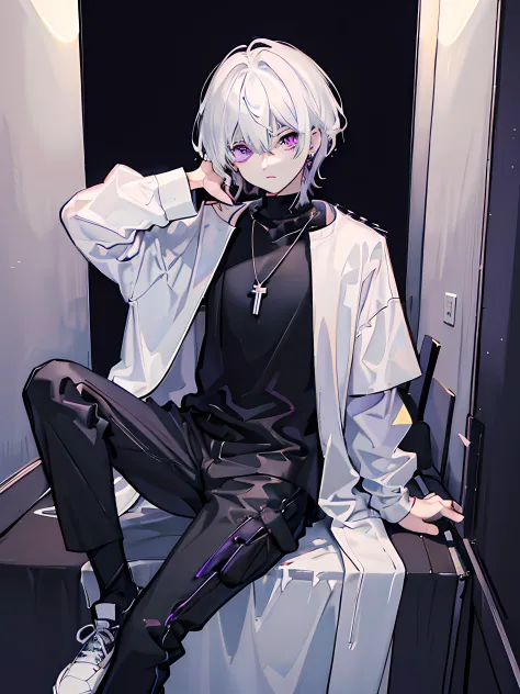 1 teenager male, medium white hair, dark purple eyes, lazy expression, 2 earring, wearing white jacket oversize, wearing black t-shirt, wearing black cargo pants, purple ribbon, necklace, dark room with light in middle, spotlight, small light, sit, absurdr...