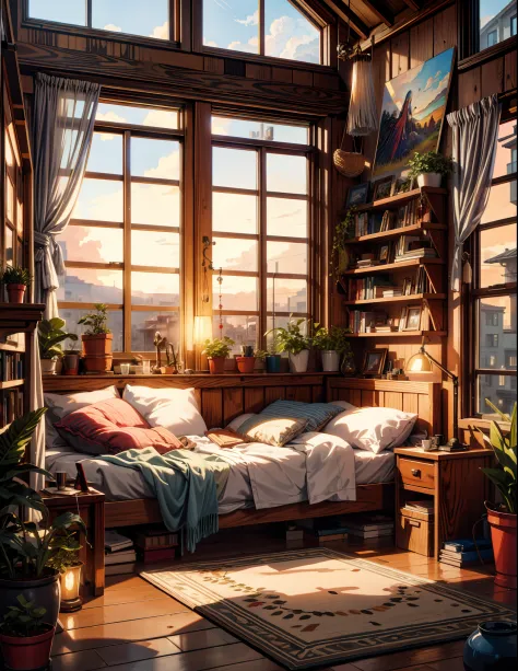 painting of a cozy boho bed room, sunlight, beautiful calm lofi vibe,big bed, quill, side table, monstera plant, hanging lights ...