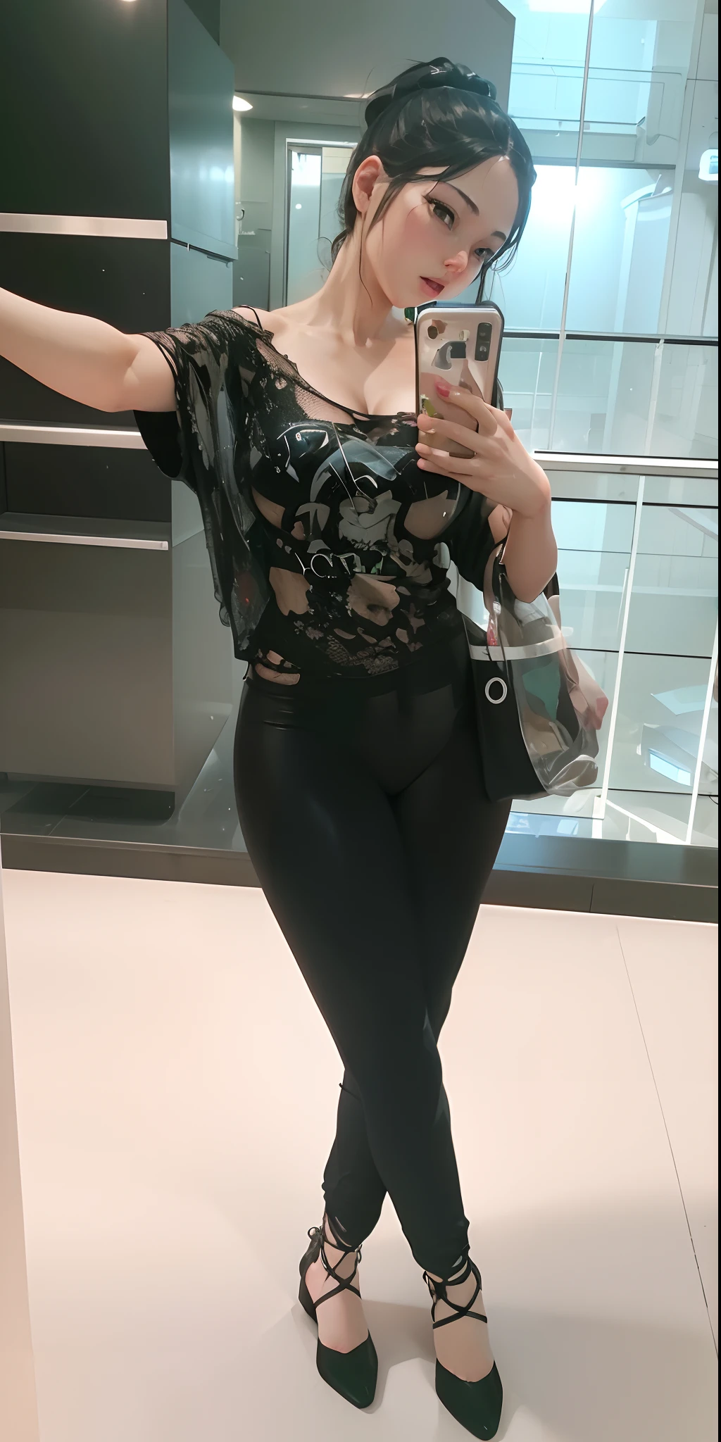 Woman taking selfie in mirror with cell phone in black outfit - SeaArt AI