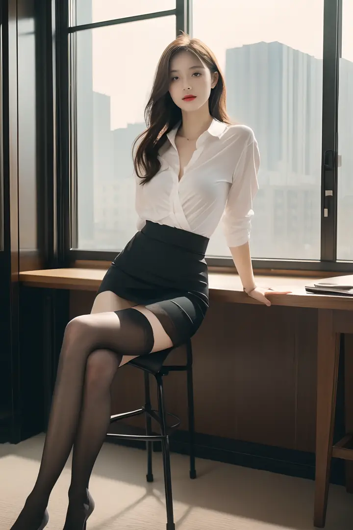 1 girl leaning back in an office chair，Complete legs,Complete feet，，Long legs，21yo,delicated,Business womenswear,,(Open-chested shirt:1.2),nedium breasts：1.2，Bring your chest together，shoulders out，Slender，(Wrap skirt:1.1),jewelry,Hosiery,Stockings,Flesh-c...