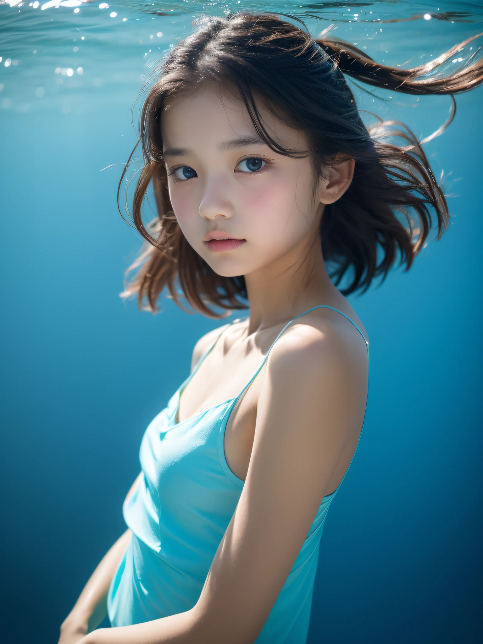 8K、12-year-old beautiful girl,、A detailed face、see-through camisole dresses、Chest depth - in the sea、strong breeze