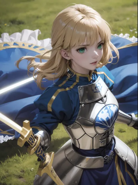 1girll，A face，Artoria，king arthur，King of Britain，FATE series，Knight King，medieval times，Majesty，((Bright blonde hair))，Stand on...