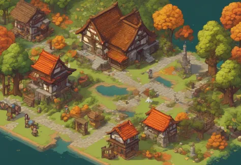 16-bit, 16-bit gaming, Pixel art, Japanese RPG battle scene, 80's games, Monster, ln the forest，Autumn scene，Small river，European country style，Town, load, Car, Pixel art, points, Quarter view, iso-distance view,