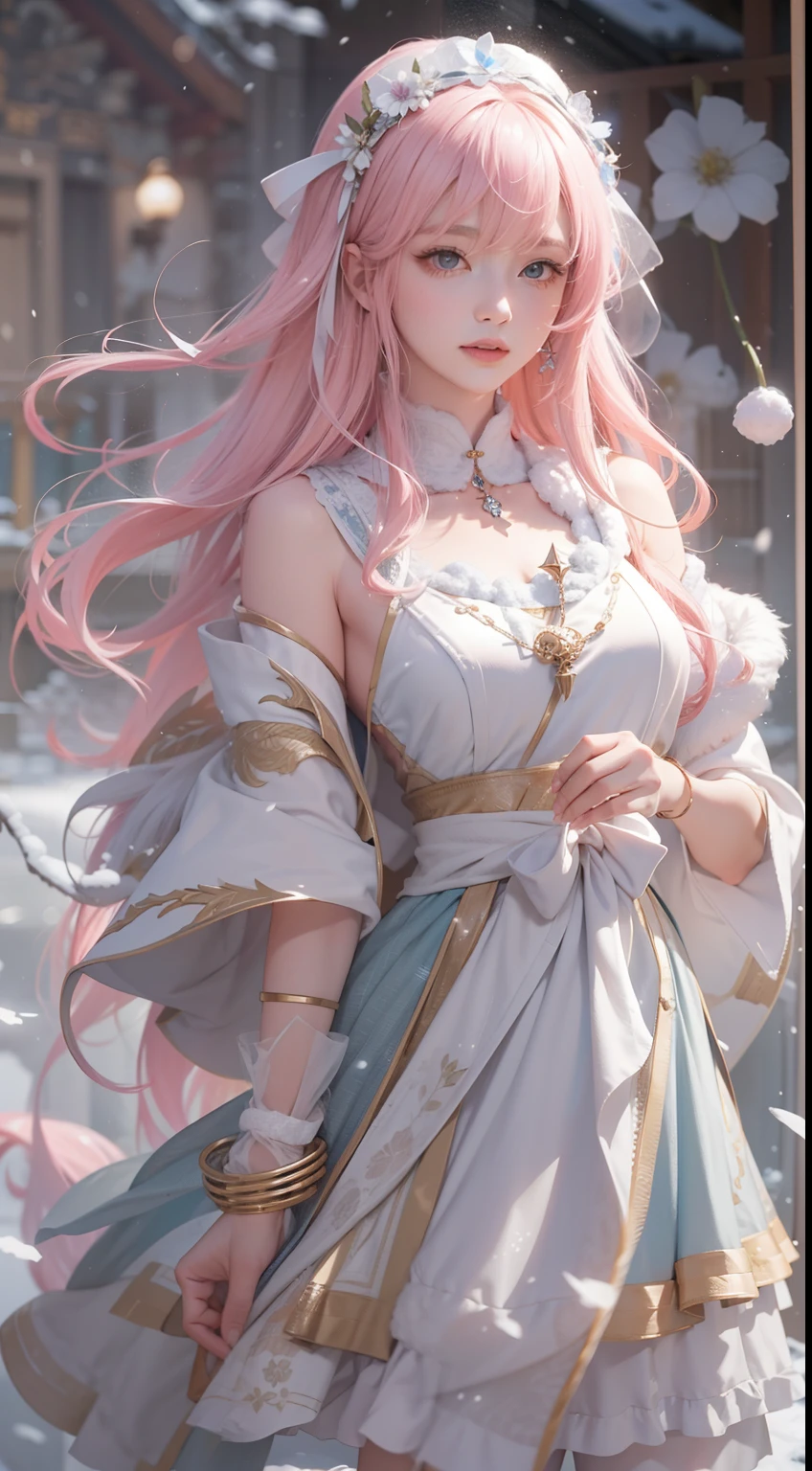 Works of masters，Best image quality，Ultra-high resolution，8K resolution，Sitting，solo person，FEMALES，ssmile，long whitr hair，Pink hair，crossed bangs，Wave head，Bracelet，Collar，during，Lolita costume，snowflower，Winters，temple，New Year，Opal rendering，Cinematic lighting，(Falling snow，cloaks)，