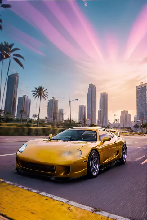 The Alafede yellow sports car drives through the city streets of palm trees, Grand Theft Auto 6, Miami Synthetic Wave, inspired by Mike Winkelmann, 8K HD wallpaper, 8 k hd wallpaper, wallpaper 4 k, Wallpaper 4k, gta 6 style, sports cars, 4K Ultra HD wallpa...