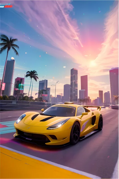 The Alafede yellow sports car drives through the city streets of palm trees, Grand Theft Auto 6, Miami Synthetic Wave, inspired by Mike Winkelmann, 8 k hd wallpaper, 8K HD wallpaper, wallpaper 4 k, Wallpaper 4k, gta 6 style, sports cars, 4K Ultra HD wallpa...