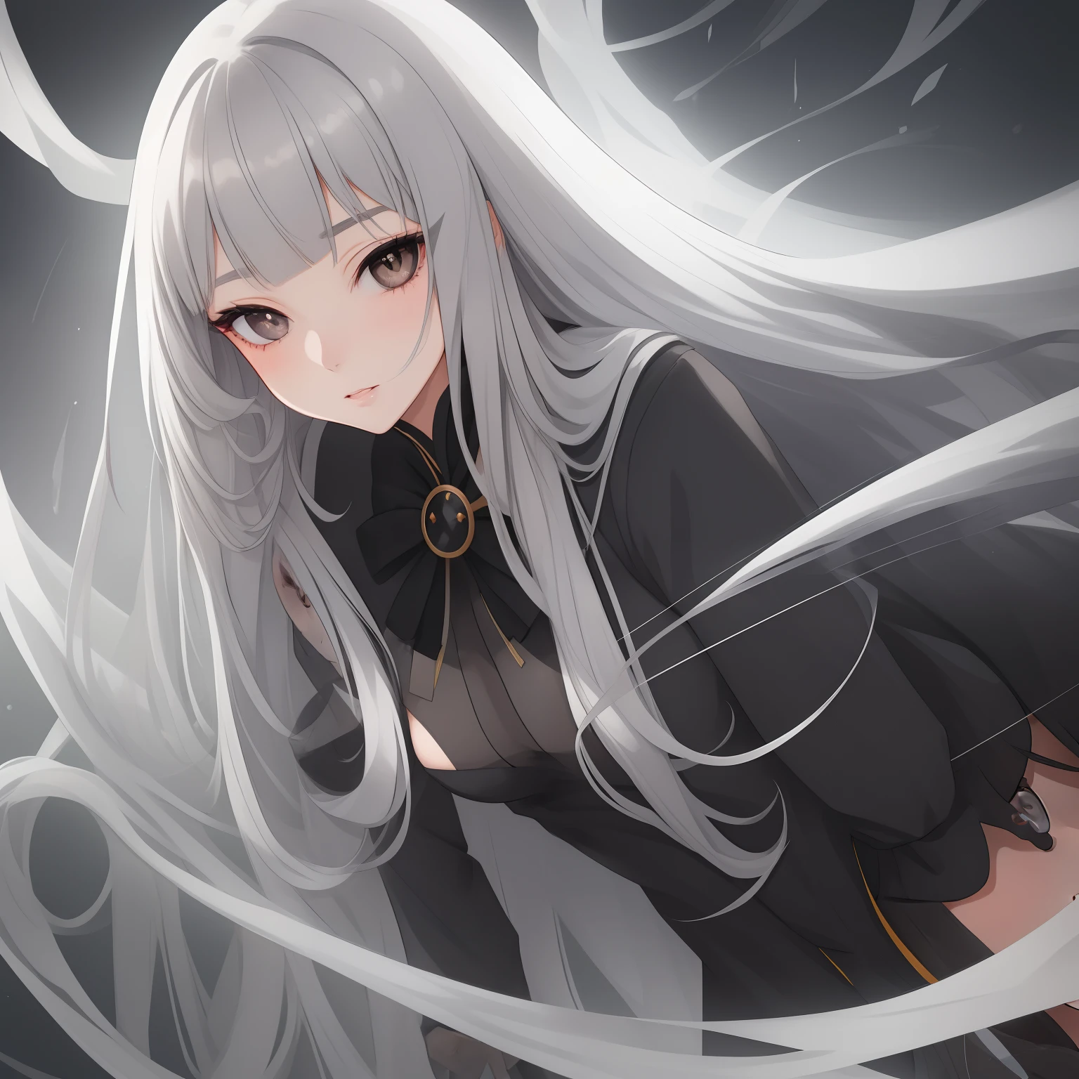 1girl, best quality, exquisite facial features, perfect face, bishoujo, ojousama, black eyes color, straight long grey hair, hime style bangs, black and grey clothes