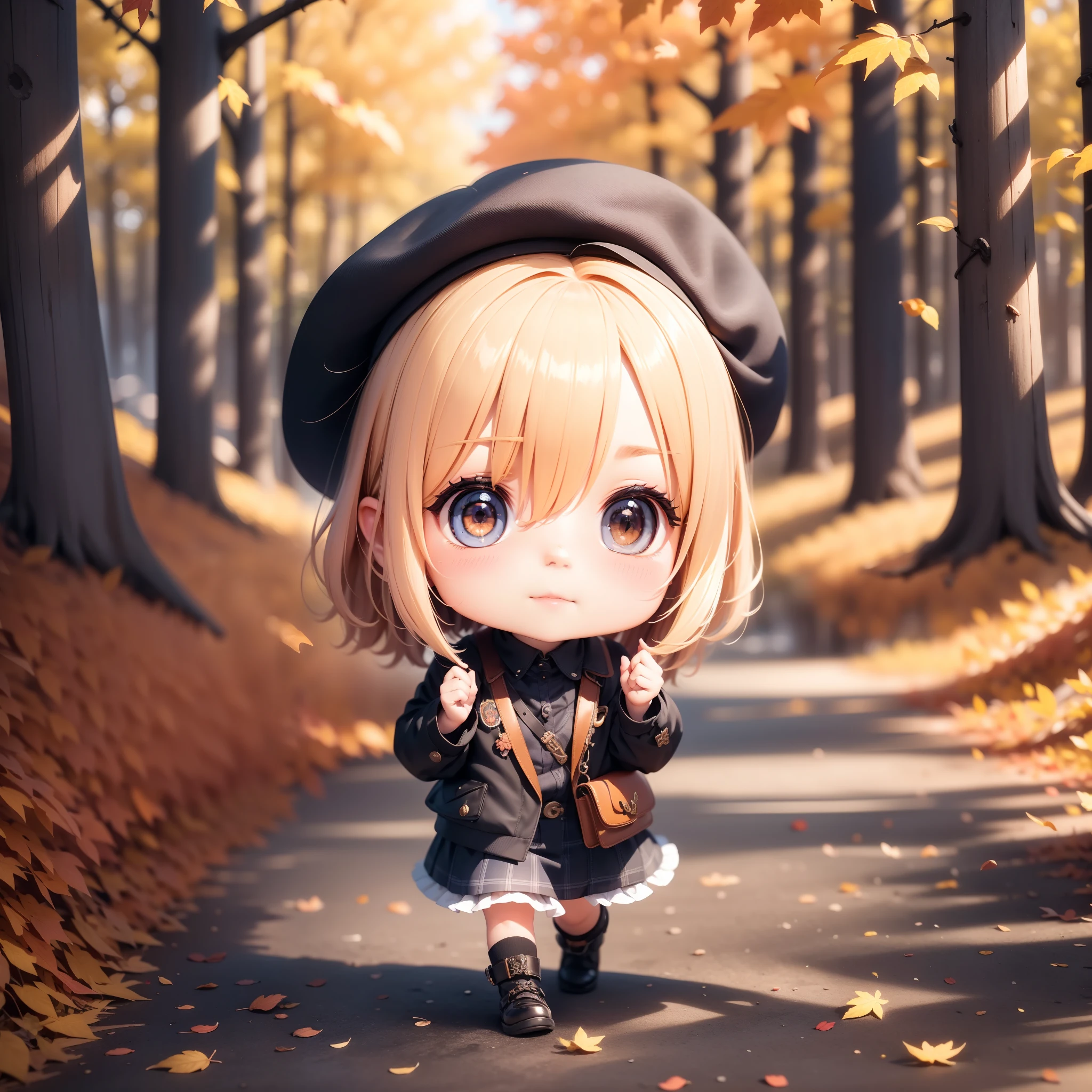 3D rendering, Q printmaking style,chibi,SOLO,A cute girl sticker, A cute girl wearing a beret,Maple forest in autumn，Scattered maple leaves，Soft sunshine，Soft light