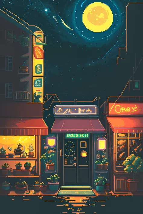 no humans, outdoors, sky, night, moon, plant, coffe shop, star (sky), night sky, scenery, city, sign, potted plant, wide shot, crescent moon, neon lights, pixel art, pixel