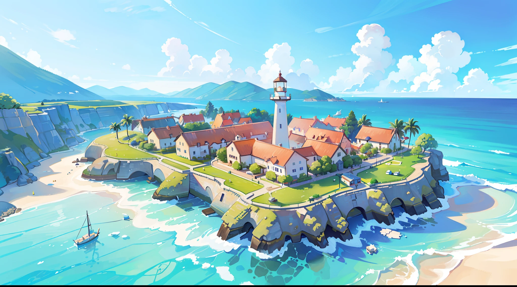 (best quality,4k,8k,highres,masterpiece:1.2),ultra-detailed,(realistic,photorealistic,photo-realistic:1.37),picture book illustration,ocean fantasy,watercolor illustration,extravagant and warm colors,village,houses,palm trees,huge lighthouse,highly detailed environment
