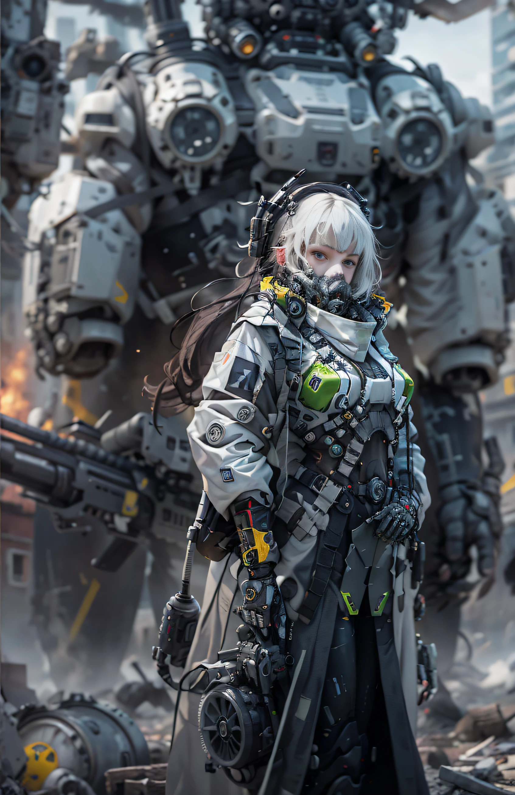 This is a hyper-detail、Ultra-high facial detail，High resolution and top quality CG Unity 8k wallpaper，The style is cyberpunk，Mainly black and red。In the picture, a beautiful girl with short hair with white messy hair appears，s delicate face，Wearing a steam mech，standing on ruins，The action of a woman holding a heavy sniper rifle in her hand