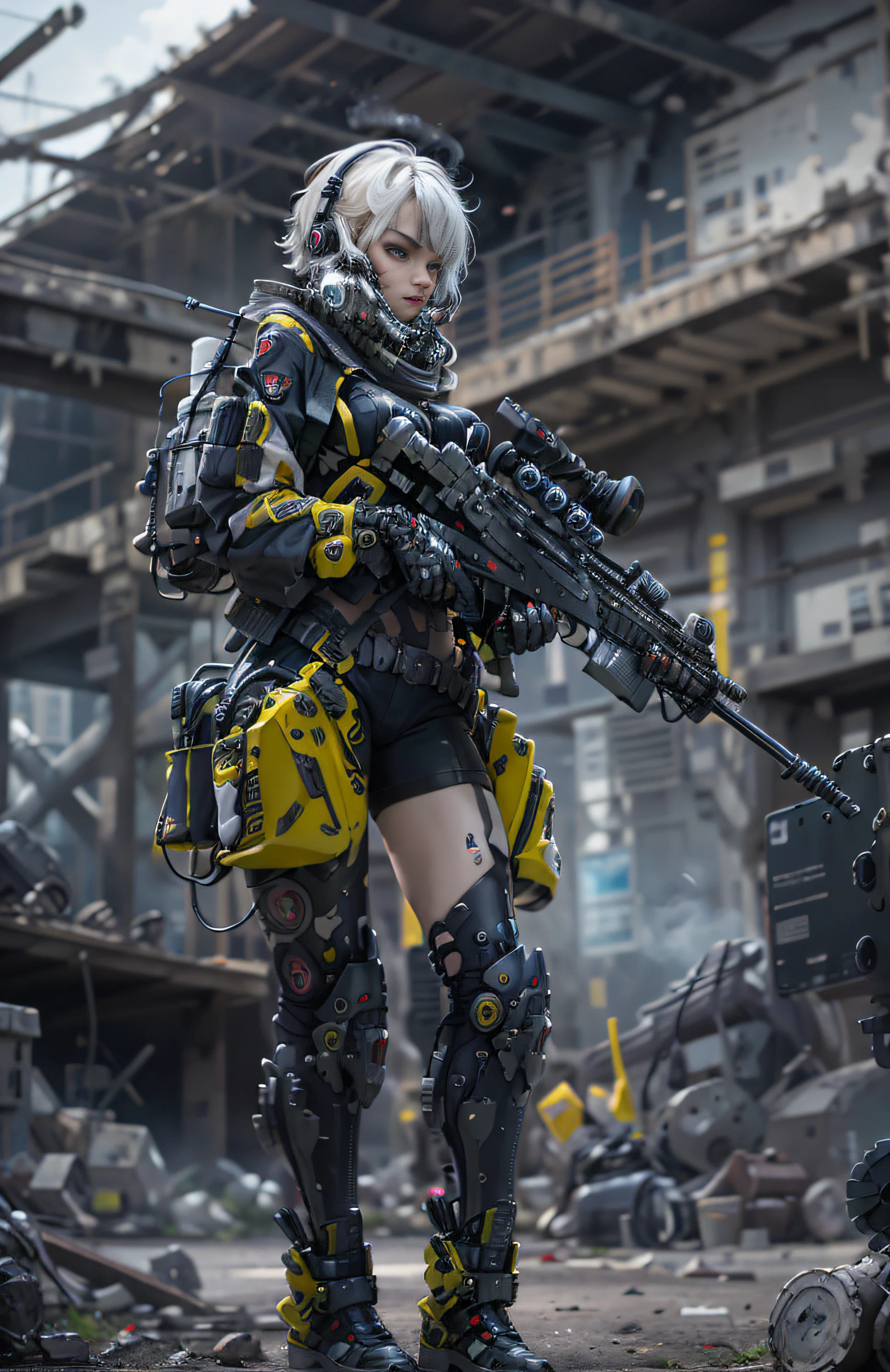 Dies ist ein Hyperdetail、Ultrahohe Gesichtsdetails，Hochauflösendes und hochwertiges CG Unity 8k-Hintergrundbild，The style is cyberpunk，Hauptsächlich schwarz und rot。In dem Bild, ein schönes Mädchen mit kurzen Haaren mit weißen unordentlichen Haaren erscheint，s zartes Gesicht，Einen Dampfroboter tragen，auf Ruinen stehen，Die Aktion einer Frau, die ein schweres Scharfschützengewehr in der Hand hält