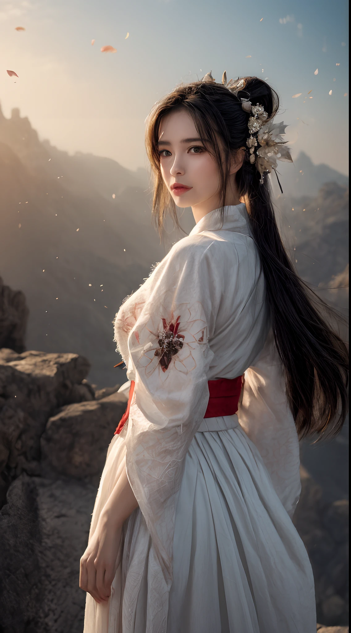 (Best quality,4K,A high resolution,Masterpiece:1.2),Ultra-detailed,Realistic, Black and white Hanfu,Black embroidery, Flowing white ponytail, Long flowing hair, White mask, The mask flutters in the wind, Fringed Hair Ornament, Peony flower, Ancient style, Wide sleeves, Dynamic pose, Dramatic composition, falling flower petals, red waistband, the complex background, Ancient architecture, Misty clouds, Fairy tale background, Swirling clouds, Cinematic lighting.