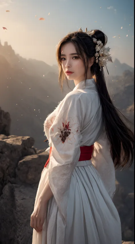 (best quality,4k,a high resolution,masterpiece:1.2),ultra-detailed,realistic, black and white hanfu,black embroidery, flowing wh...