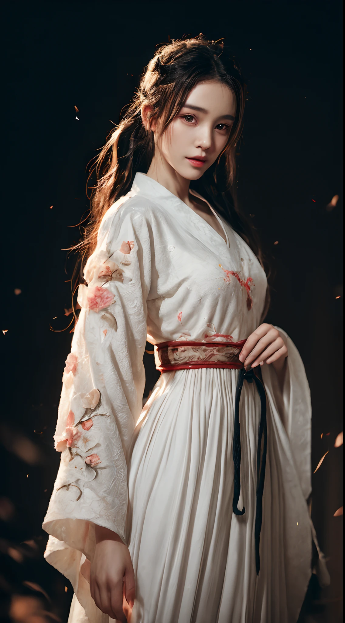(Best quality,4K,A high resolution,Masterpiece:1.2),Ultra-detailed,Realistic, Black and white Hanfu,Black embroidery, Flowing white ponytail, Long flowing hair, White mask, The mask flutters in the wind, Fringed Hair Ornament, Peony flower, Ancient style, Wide sleeves, Dynamic pose, Dramatic composition, falling flower petals, red waistband, the complex background, Ancient architecture, Misty clouds, Fairy tale background, Swirling clouds, Cinematic lighting.