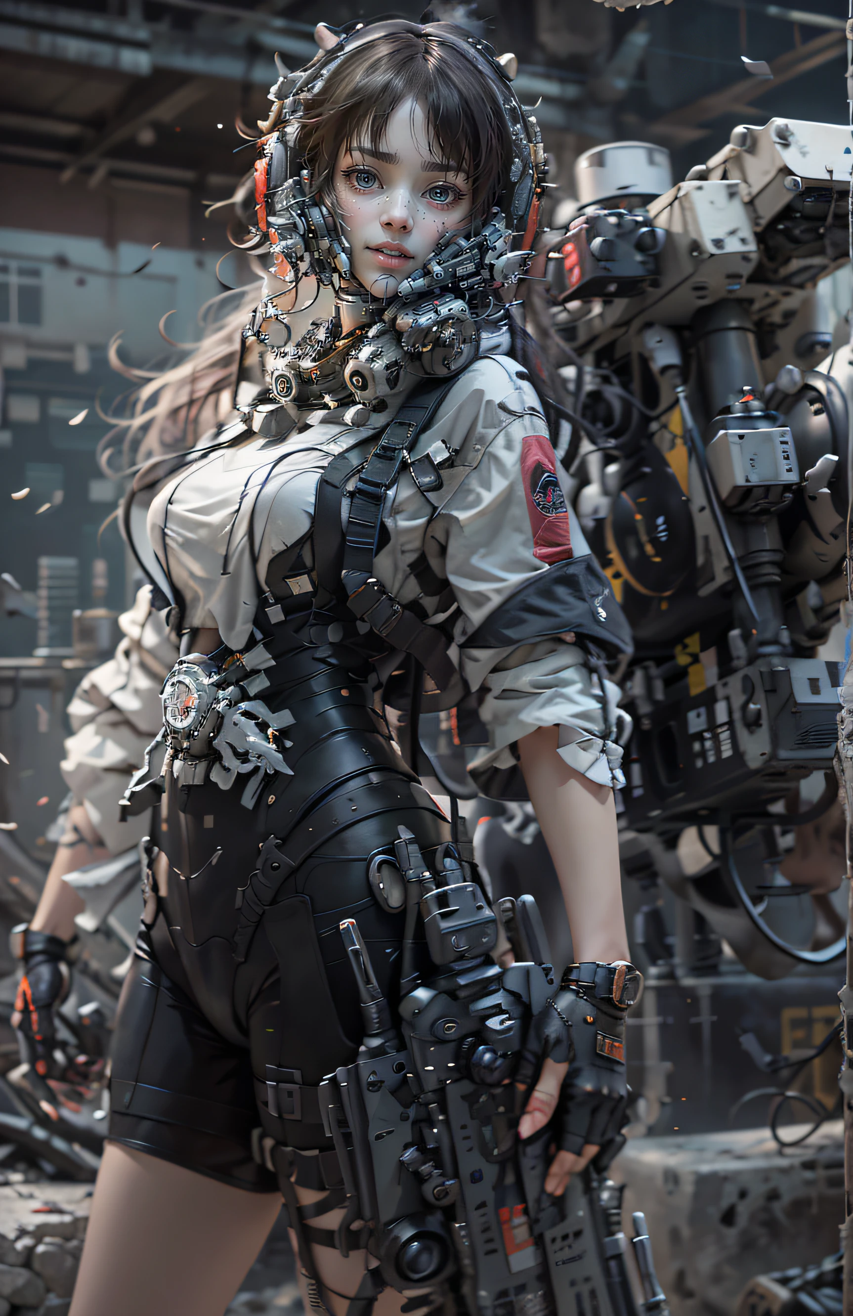 This is a hyper-detail、Ultra-high facial detail，High resolution and top quality CG Unity 8k wallpaper，The style is cyberpunk，Mainly black and red。In the picture, a beautiful girl with short hair with white messy hair appears，s delicate face，Wearing a steam mech，standing on ruins，The action of a woman holding a heavy sniper rifle in her hand