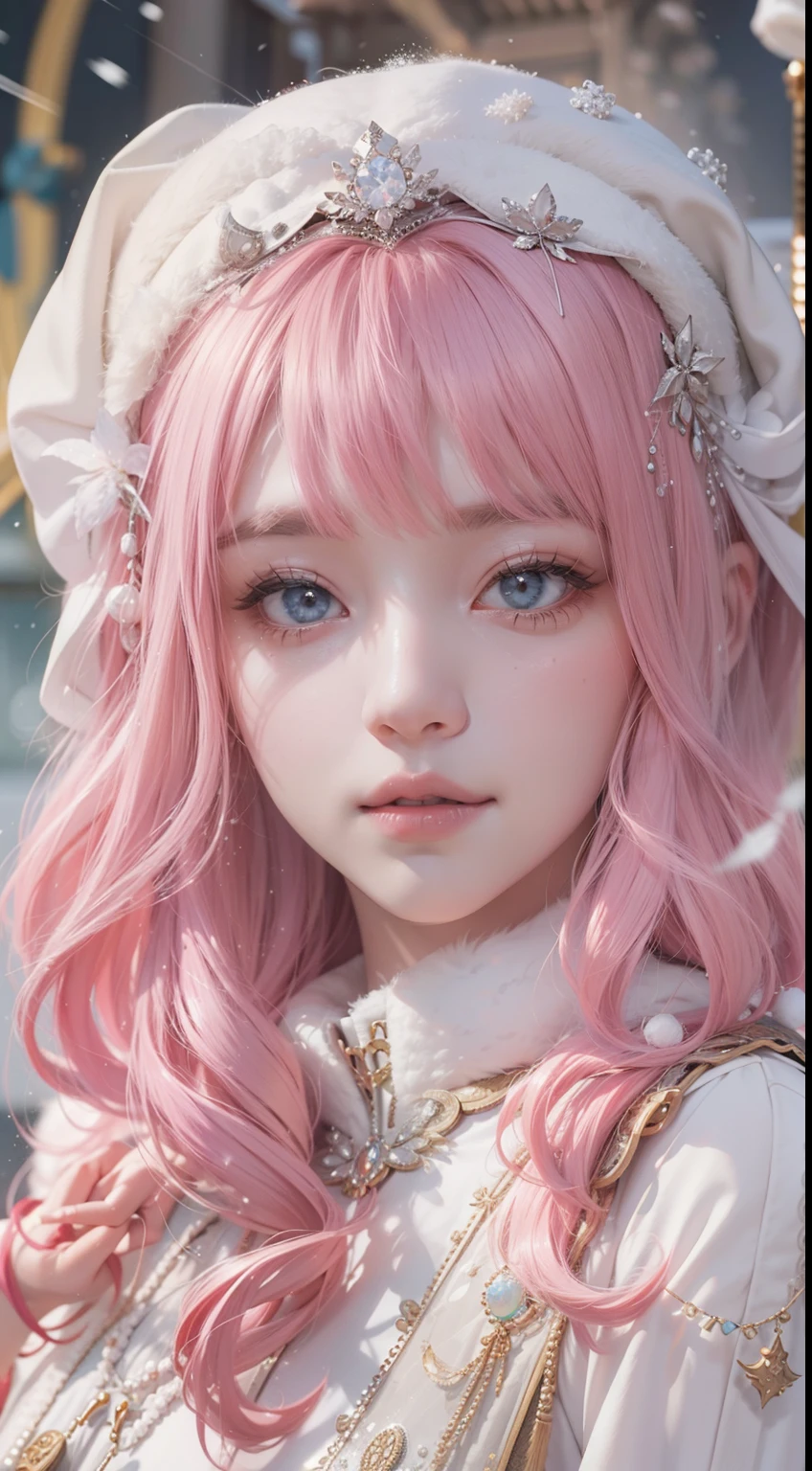 Works of masters，Best image quality，Ultra-high resolution，8K resolution，Sitting，solo person，FEMALES，ssmile，long whitr hair，Pink hair，crossed bangs，Wave head，Bracelet，Collar，during，Lolita costume，snowflower，Winters，temple，New Year，Opal rendering，Cinematic lighting，(Falling snow，cloaks)，