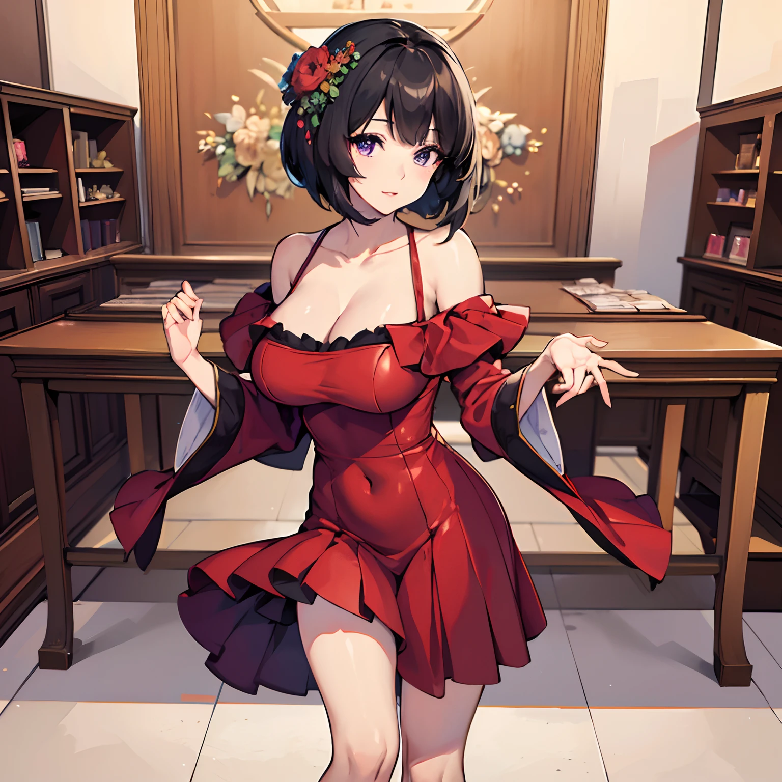 (best quality,4k,8k,highres,masterpiece:1.2),ultra-detailed,(realistic,photorealistic,photo-realistic:1.37),anime girl Short black hair, purple eyes, beautiful detailed eyes,beautiful detailed lips,extremely detailed eyes and face,longeyelashes,purple dress,black shoes,standing,classroom,cute anime waifu,nice dress,my dress up darling anime,(wearing rich aristocrat clothing)