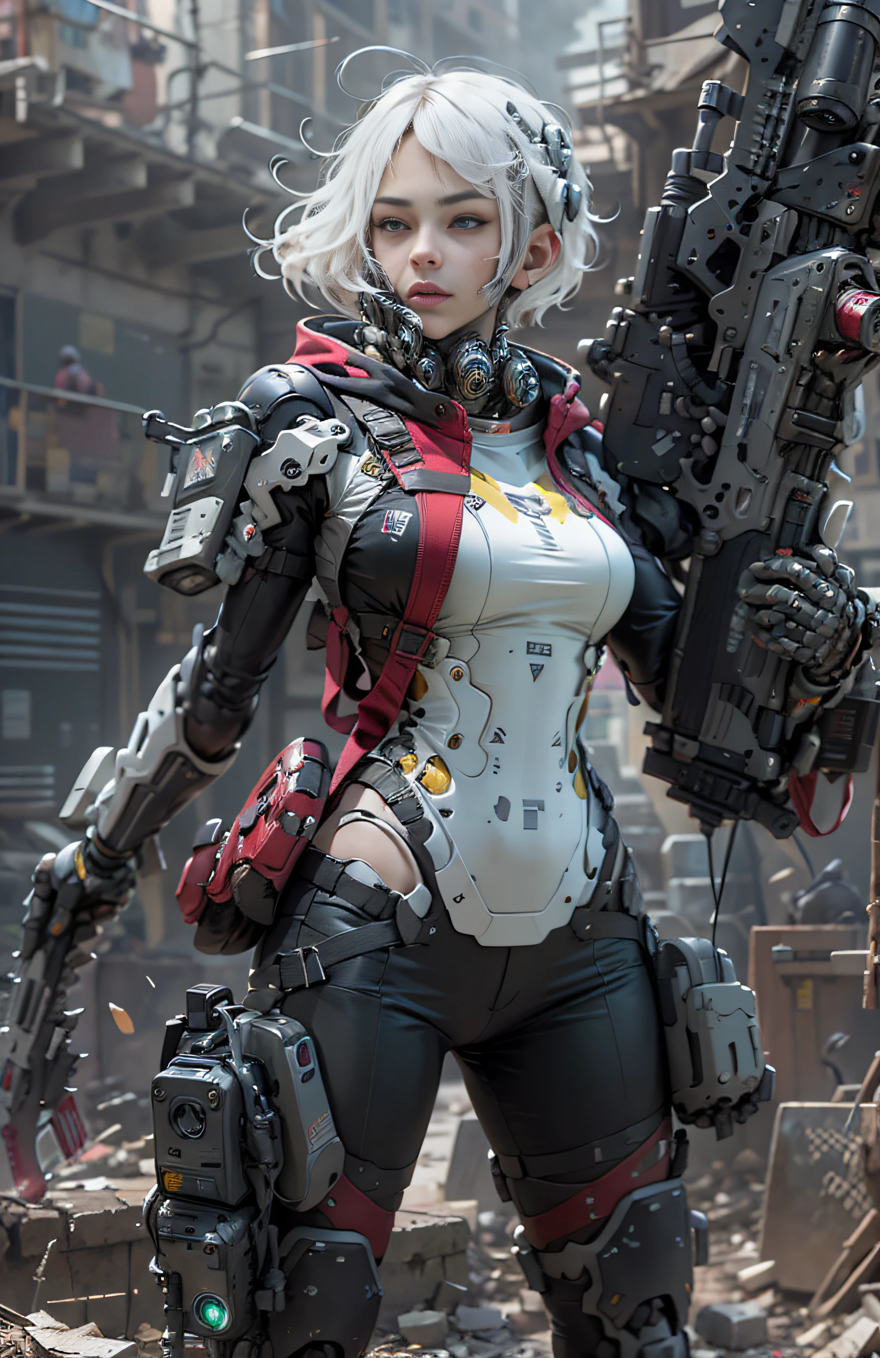 Este es un hiperdetalle、detalle facial ultra alto，Fondo de pantalla CG Unity 8k de alta resolución y alta calidad，El estilo es cyberpunk.，alta resolución,, Solo, caderas arriba,Principalmente negro y rojo。En la imagen, Aparece una hermosa chica de pelo corto con el pelo blanco desordenado.，el rostro delicado，Usando un robot de vapor，parado sobre ruinas，La acción de una mujer que sostiene un pesado rifle de francotirador en la mano.