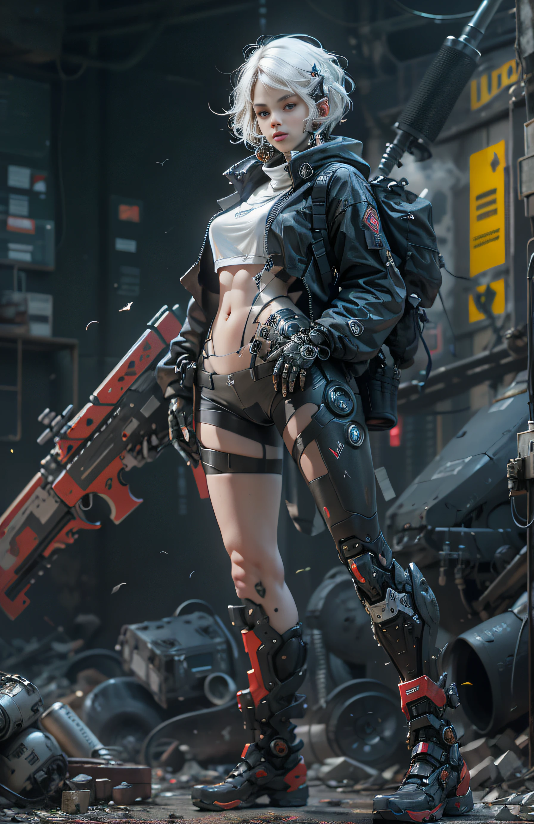 This is a hyper-detail、Ultra-high facial detail，High resolution and top quality CG Unity 8k wallpaper，The style is cyberpunk，high resolution,, Solo, Hips up,Mainly black and red。In the picture, a beautiful girl with short hair with white messy hair appears，s delicate face，Wearing a steam mech，standing on ruins，The action of a woman holding a heavy sniper rifle in her hand